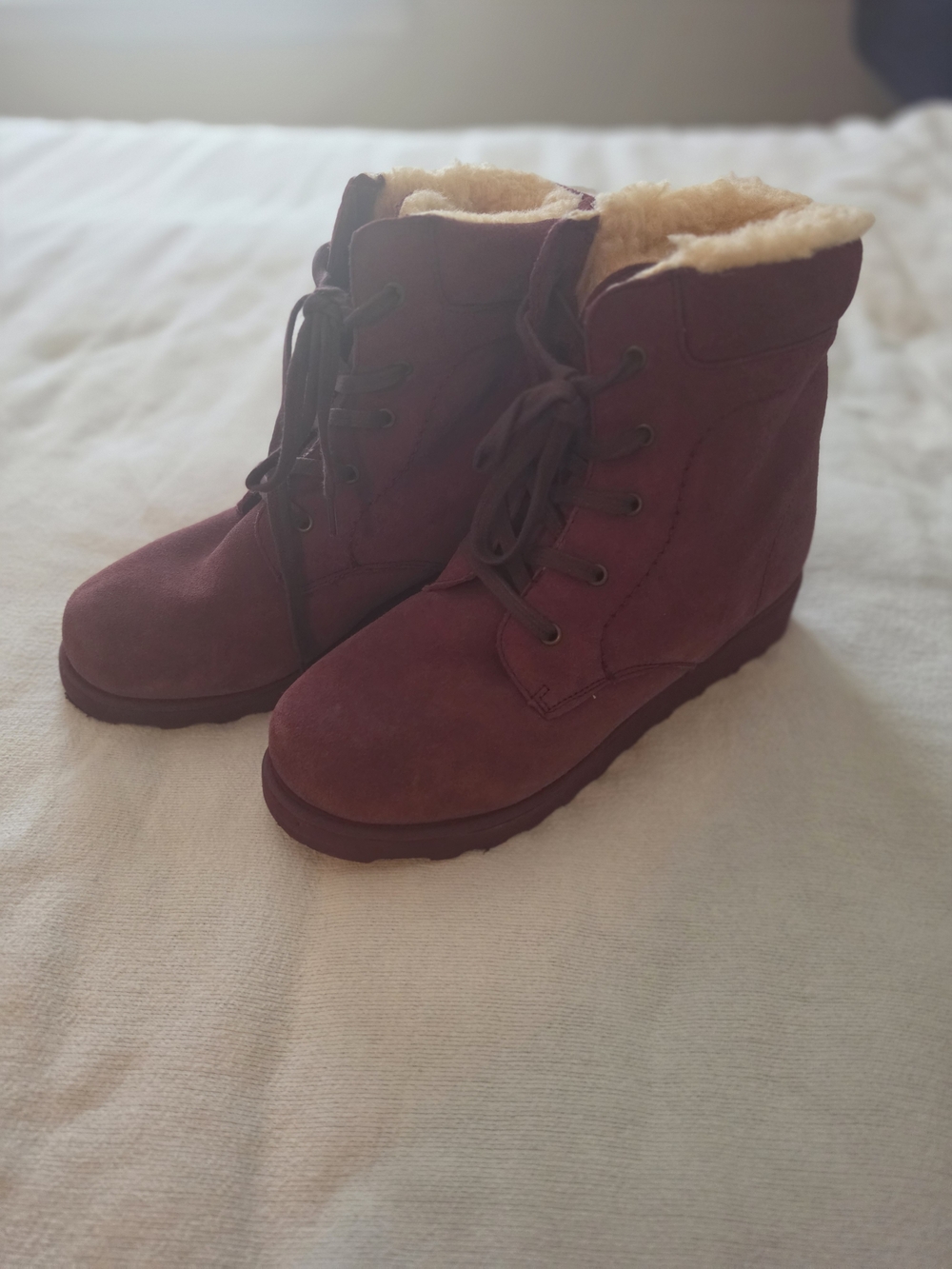 BearPaw Women's Burgundy Suede Lace-Up Shearling Wedge Boots